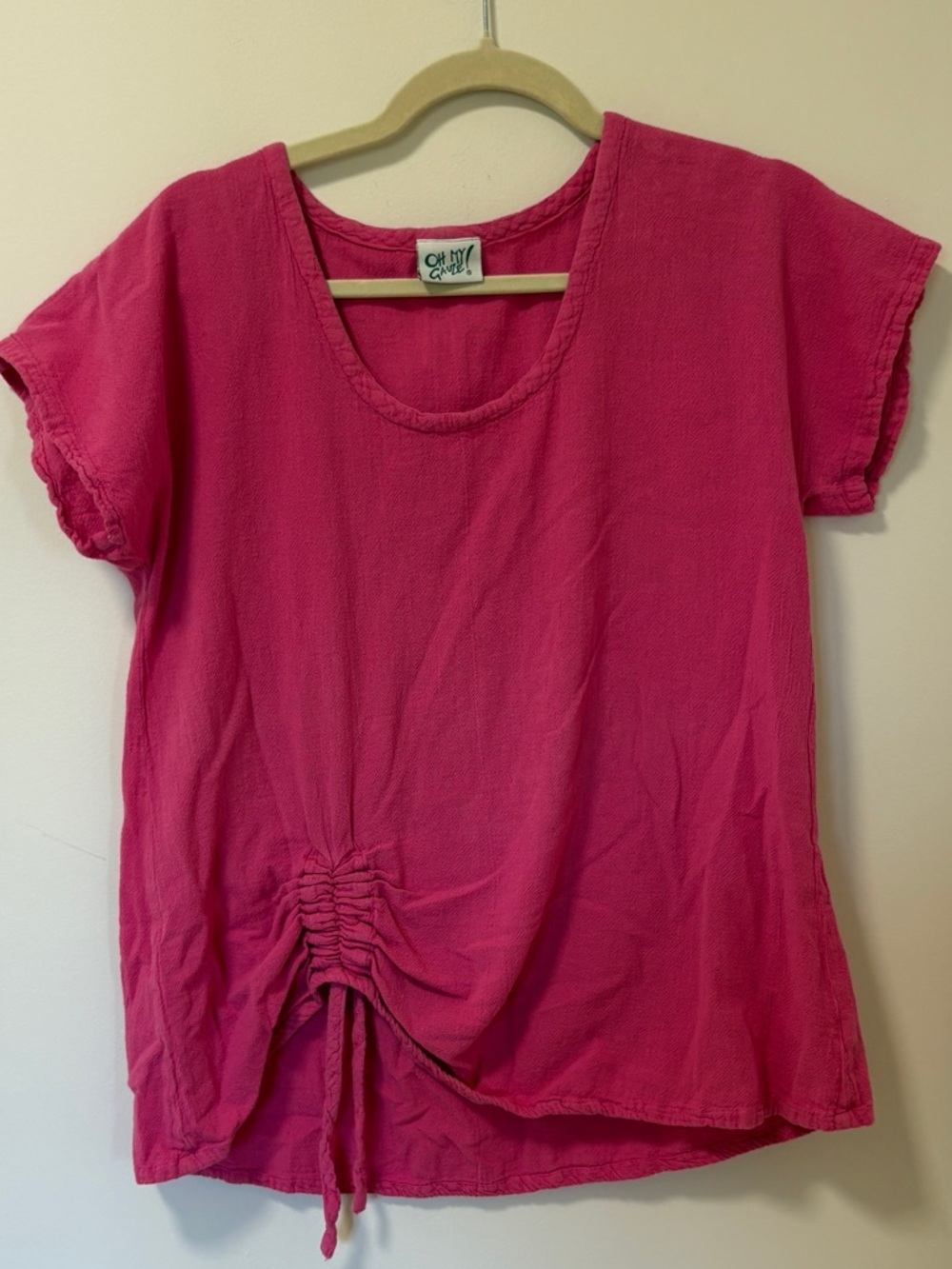 Oh my gauze! Top ruched detail Hot Pink Fuchsia 100% Cotton short sleeve